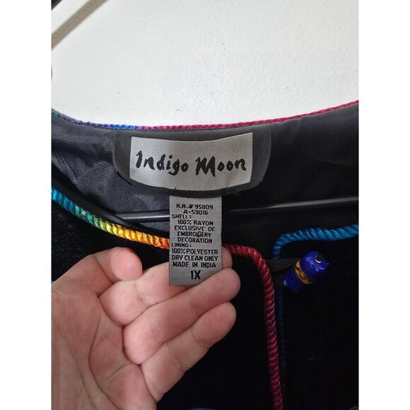 Vintage Indigo Moon Jacket 1X Artsy Embroidered Rainbow Toggle Buttons Boho Fun - Picture 3 of 9